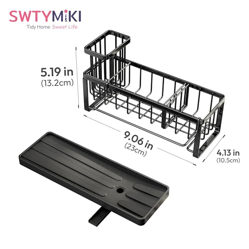 Sponge Holder for Kitchen Sink - Sink Caddy with Brush Holder Self-draining Sponge Caddy Organizer with Divider Stainless Steel Kitchen Accessories Storage for Countertop, Black
