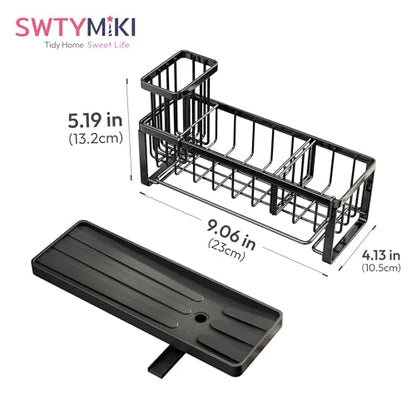 Sponge Holder for Kitchen Sink - Sink Caddy with Brush Holder Self-draining Sponge Caddy Organizer with Divider Stainless Steel Kitchen Accessories Storage for Countertop, Black