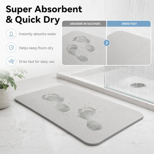 Stone Bath Mat Quick Dry, Diatomaceous Earth Bath Mat Non Slip Absorbent Floor Mat, Diatomite Stone Drying Mat for Bathroom Comes with Non-slip Pad and Sandpaper (Off-White, 24" x 15.5" x 0.4")