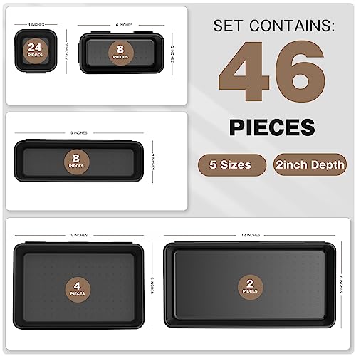 A-LuGei 【𝟰𝟲𝗣𝗖𝗦 & 5 Size】 Tool Box Organizer Tray Divider Set, 【Black】 Bathroom Drawer Organizer Bin, Garage Organization and Storage Toolbox Rolling Tool Chest Cart Cabinet WorkBench Small Part