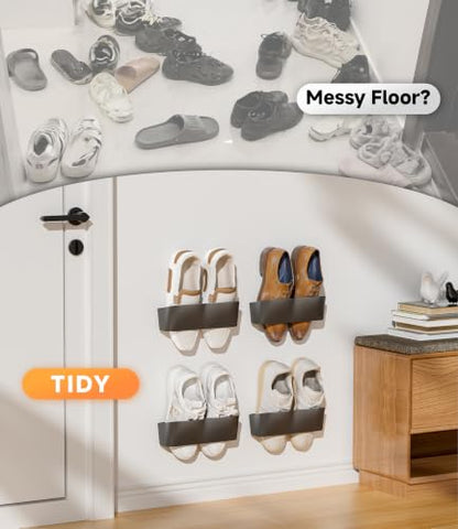 6Pack Wall Mounted Shoe Rack, Adhesive & Drill Mount - Black | Patent Protected, Reduce Clutter, Sturdy and Stable Hanging Shoe Organizer, Plastic Shoe Storage for RV, Camper, Closet Door