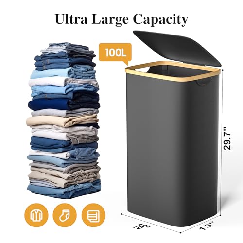 Foluck 100L Laundry Hamper with Lid Removable Bag and Bamboo Handles | Waterproof Self-locking Inner Bag, 3 Different Handles, 600D Cationic Cloth, for Dorm Bedroom Bathroom