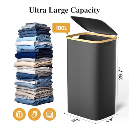 Foluck 100L Laundry Hamper with Lid Removable Bag and Bamboo Handles | Waterproof Self-locking Inner Bag, 3 Different Handles, 600D Cationic Cloth, for Dorm Bedroom Bathroom