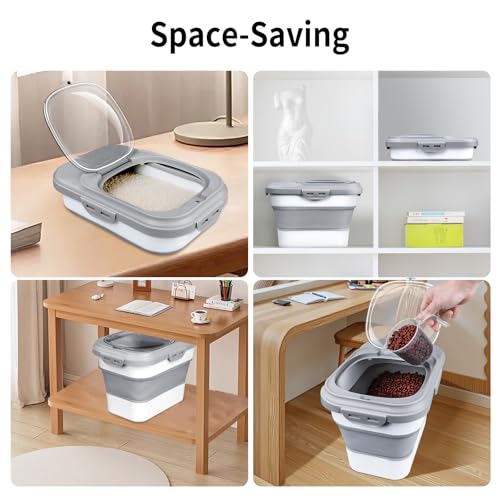 Rice Storage Container, Collapsible Airtight Food Storage Containers 6-20 Lbs, Rice Dispenser with Measuring Cup and Small Bin for Flour Cereal Pasta Grain, Cat Pet Dog Bird Food Container