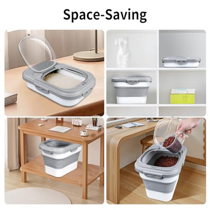 Rice Storage Container, Collapsible Airtight Food Storage Containers 6-20 Lbs, Rice Dispenser with Measuring Cup and Small Bin for Flour Cereal Pasta Grain, Cat Pet Dog Bird Food Container