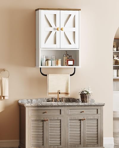 Bathroom Wall Cabinet, Medicine Cabinet with Open Partition and Towel Bar, Rustic Storage Cabinet with Open and Hidden Storage Space, for Bathroom, Living Room, Kitchen, White and Walnut