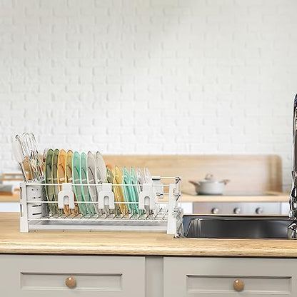 Simple Houseware Dish Drying Rack, White | with Drainboard, Utensil Holder and Mug Hooks
