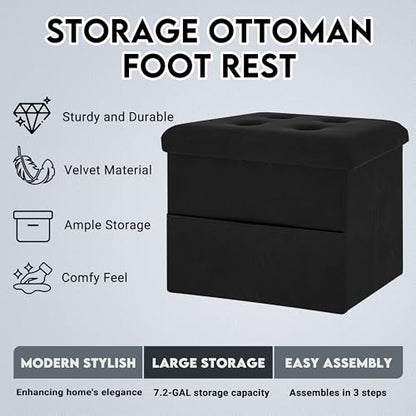 Zoes Homeware Small Storage Ottoman Foot Rest, Velvet Ottoman with Storage and Side Pocket, Black Foot Rest for Couch, Foldable Footstool for Chair, Living Room&Dorm, 16"x12"x12"