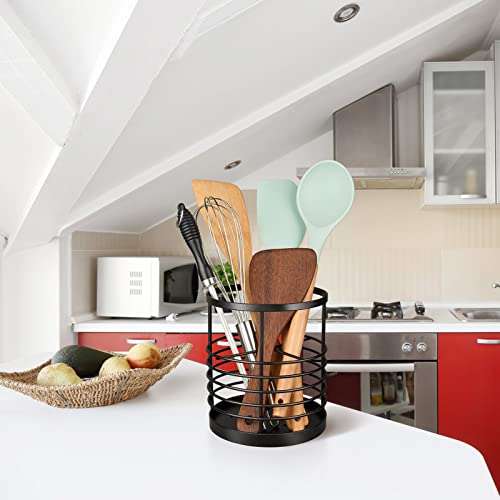 Utensil Holder for Kitchen Countertop,Metal Spatula Holder,Cooking Utensil Holder for Spoon,Wire Utensil Organizer,Stainless Steel Round Utensil Caddy Crock Flatware Storage Counter (Black)