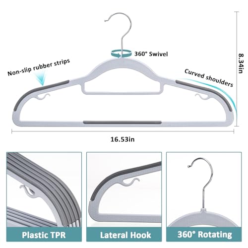 Pack of 30 Coat Hangers, Space-Saving Plastic Clothes Hangers, Non-Slip, 0.2 Inches Slim, 360° Swivel Silver Hook for Shirts, Pants, Suit & Wet/Dry Garments, Light and Dark Gray