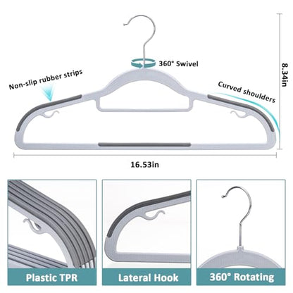 Pack of 30 Coat Hangers, Space-Saving Plastic Clothes Hangers, Non-Slip, 0.2 Inches Slim, 360° Swivel Silver Hook for Shirts, Pants, Suit & Wet/Dry Garments, Light and Dark Gray