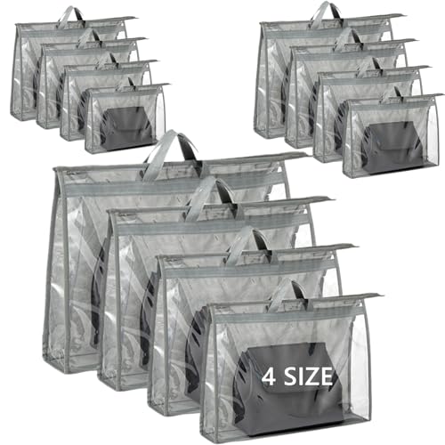 12 Packs Dust Bags for Handbag, Clear Purse Storage Organizer Bag for Closet with Zipper and Handle, 4 Size Hanging Dust Cover Bag for Purse Crafts Protector