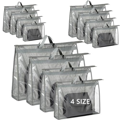 12 Packs Dust Bags for Handbag, Clear Purse Storage Organizer Bag for Closet with Zipper and Handle, 4 Size Hanging Dust Cover Bag for Purse Crafts Protector
