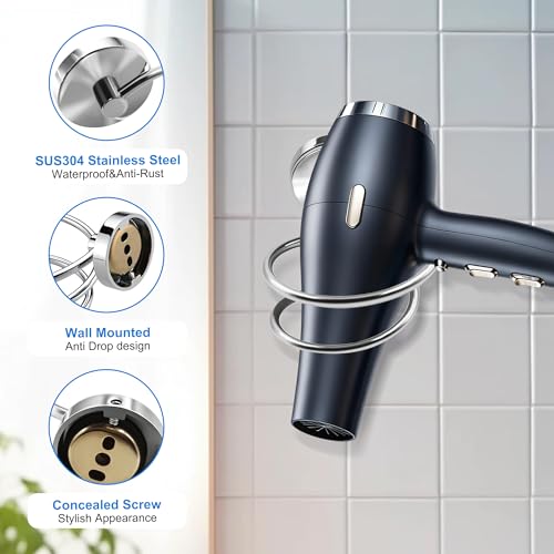 Bathroom Hair Dryer Holder Hair Care Tools Holder Wall Mount Chrome Finished Stainless Steel-Silver