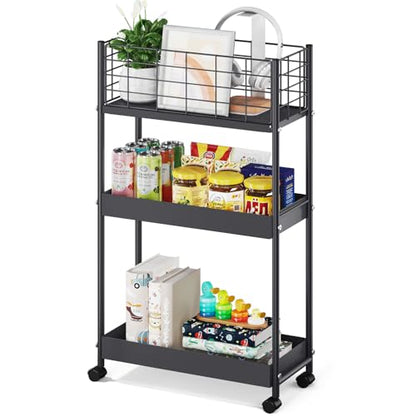 KINGRACK Slim Rolling Storage Cart 3 Tier - Heavy Duty Metal Utility Cart with Raised Edge & Wheels, Narrow Small Mobile Organizer Shelves for Bathroom, Kitchen, Laundry, Office, Living Room, Black