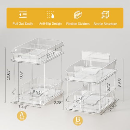 Delamu Bathroom Under Sink Organizers and Storage, 2 Pack, Clear | 2-Tier Multi-Purpose, Stackable, Pull Out Cabinet Kitchen Pantry Organization and Storage with Dividers