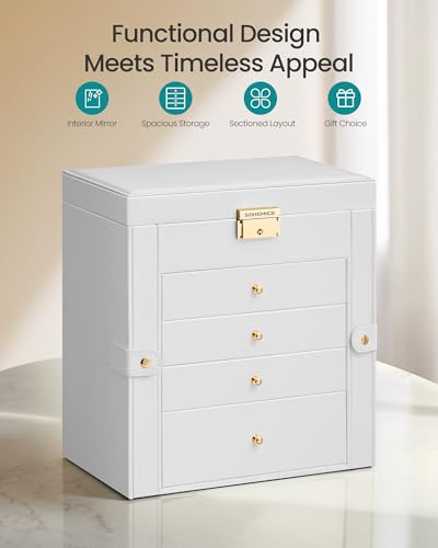 SONGMICS Jewelry Box Organizer, 5-Layer with 4 Drawers, Cream White | Jewelry Storage Case with Lock and Mirror, Large Storage Capacity, for Necklaces, Watches, Gift for Loved Ones UJBC153WD01S