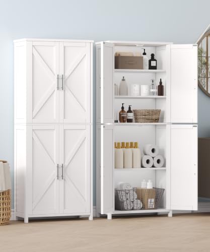 63''H Tall Bathroom Storage Cabinet Adjustable Shelf White | Floor Cabinet with Barn Doors, Adjustable Shelf, Linen Pantry Cabinet for Kitchen, Laundry Room, Living Room, Entryway