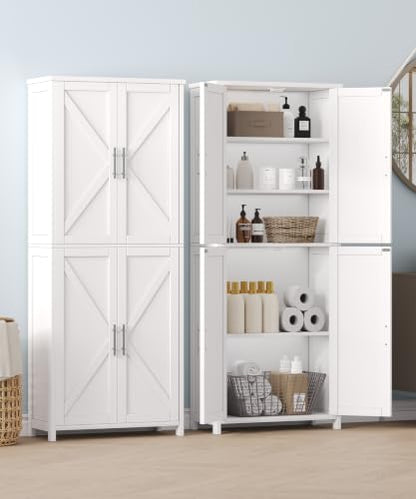 63''H Tall Bathroom Storage Cabinet Adjustable Shelf White | Floor Cabinet with Barn Doors, Adjustable Shelf, Linen Pantry Cabinet for Kitchen, Laundry Room, Living Room, Entryway