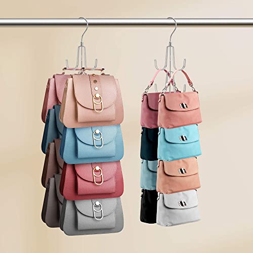 2 Pack Purse Organizer for Closet, Rotatable Purse Hanger Bag Holder, Max 16 Storage Capacity Backpack Rack, Metal Space Saving Hanger, Silver
