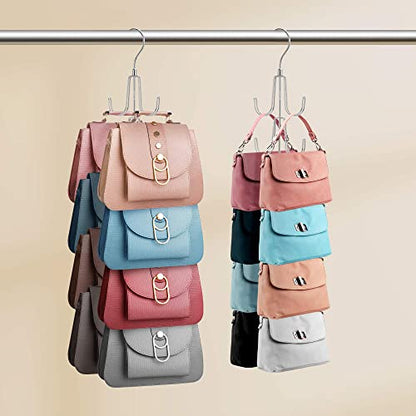 2 Pack Purse Organizer for Closet, Rotatable Purse Hanger Bag Holder, Max 16 Storage Capacity Backpack Rack, Metal Space Saving Hanger, Silver