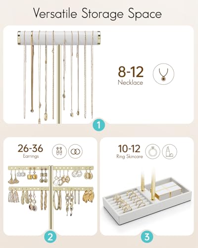 VLANDO 2 Tier Necklace Holder Organizer with Tray, Leather Bracelet Holder Display for Women, Gold Jewelry Holder Stand for Bracelet, Necklace, Earrings, Rings - White