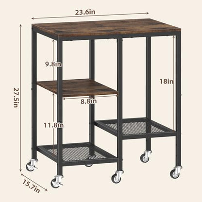 Rolling Kitchen Microwave Cart,4 Tier Microwave Stand,Brown | Utility Cart on Lockable Wheels,Open Storage for Spices, Pots，Small Side Table,Coffee Cart for Living Room Office, Balcony