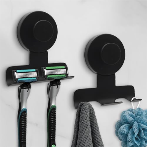 Shower Razor Holder 2 Pack,Heavy-Duty 7KG Suction Cup Razor Holder for Shower,Razor Hooks for Shower,Powerful Vacuum Suction Hooks for Razor,Towel,Loofah,Damage-Free Metal Shower Hooks(Matte Black)