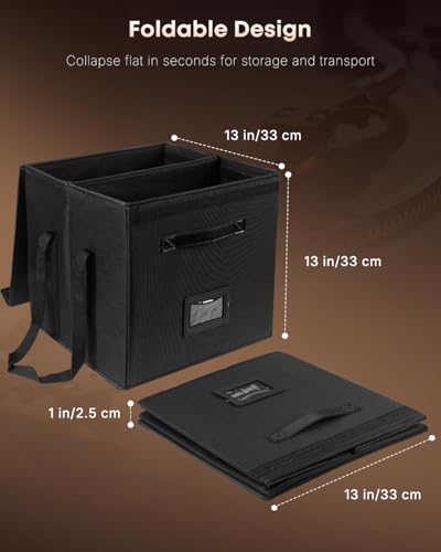 Uniclife Vinyl Record Storage Box with Lid & Handles | Collapsible, Splash-Resistant Album Storage Crate for 80 Single Records (12"), Black, 13" × 13" × 13"