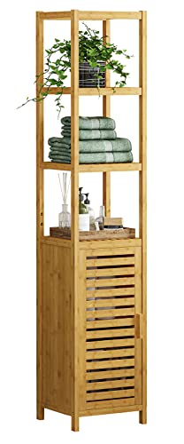 Storage Tall Slim Cabinet with Shutter Door and 3 Tier Shelves, Freestanding Linen Tower Cabinet for Living Room, Kitchen, Bathroom Organizer, Natural Bamboo