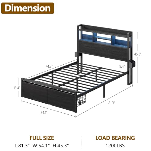 Full Size Bed Frame with Headboard and Charging Station,2 Drawers