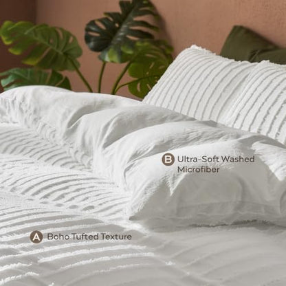 JELLYMONI White Striped Tufted Duvet Cover Set King Size | Soft Breathable, Cotton-Like Feel, Storage Bag, 8 Corner Ties & Hidden Zipper, Oeko-Tex Certified