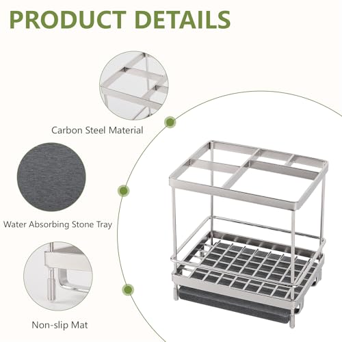 Electric Toothbrush Holders for Bathrooms Toothpaste Organizer, Sliver | Carbon Steel, Removable Diatomite Drip Tray, 5 Slots Kids Tooth Brush Holder for Countertop, Shower, Vanity