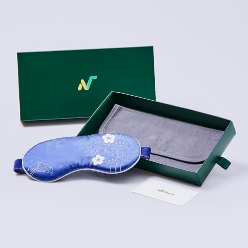 100% Mulberry Silk Sleep Mask with Eye Steam Pocket and Velvet Elastic Band, Luxury 22mm Silk Eye Mask for Nap Sleeping Relaxation and Traveling, Gift Package, Cherry Blossom Blue
