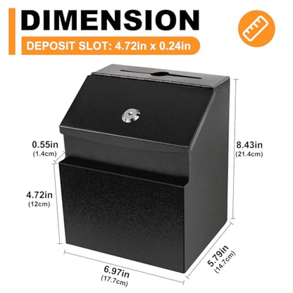 Suggestion Boxes with Magnetic Sign Holder, Metal Donation Boxes | Wall Mounted Ballot for Fundraising and 50 Free Suggestion Cards, with 2 Keys 8.4 x 5.8 x 7.0 inch,Black