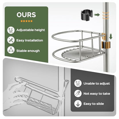 HAMITOR Corner Shower Caddy Tension Pole: 4-Tier Rust-Resistant Adjustable Bathroom Organizer Shelves - 47.72-123.6 Inch No-Drill Quick Install - Space-Saving Storage for Renters Family - Silver Gray