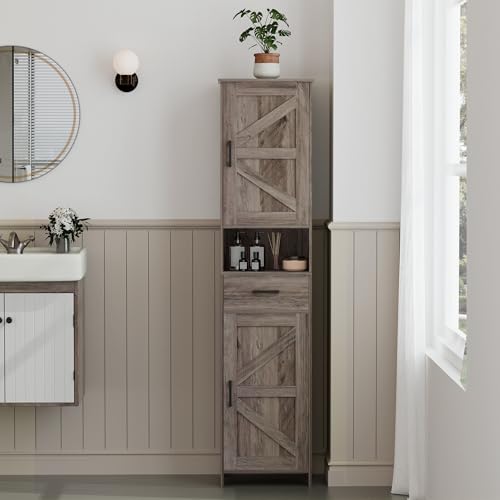 Homhedy 67" H Tall Bathroom Storage Cabinet with Barn Doors and Drawer | Narrow Storage Unit with Adjustable Shelves, Floor Cabinet for Bathroom, Living Room, Entryway or Kitchen, Greige, 15.7" W