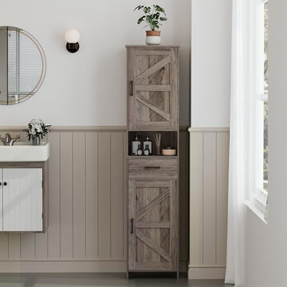 Homhedy 67" H Tall Bathroom Storage Cabinet with Barn Doors and Drawer | Narrow Storage Unit with Adjustable Shelves, Floor Cabinet for Bathroom, Living Room, Entryway or Kitchen, Greige, 15.7" W