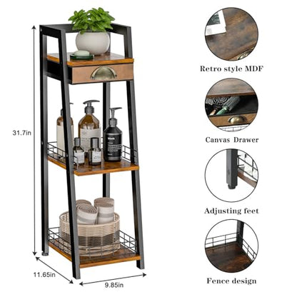 3-Tier Narrow Bathroom Shelves with Drawer, Bathroom Organizers and Storage, Open Floor Ladder Shelf, Freestanding Tower Slim Standing Unit for Small Spaces - Rustic Brown