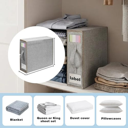 4 Pack Bed Sheet Organizer for Linen Closet, Foldable Sheet Organizers and Storage Containers with Window & Label, Bedding Storage Organizer for Sheets, Duvet Covers, Blankets, Grey