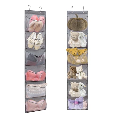 2 Pack Over the Door Shoe Organizer Hanging Stuffed Animals Storage Diaper Holder Clothes Shelve for Closet with 6 Large Pockets (Mesh Pockets - 2 Pack)