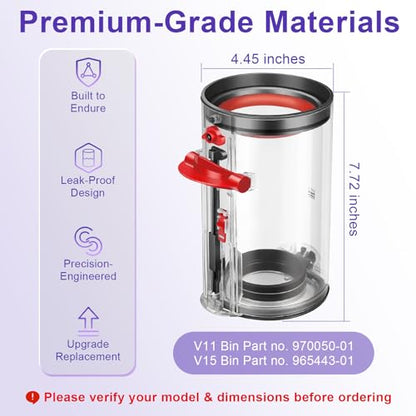 Upgrade V11 V15 Vacuum Dust Bin Canister Replacement Parts for Dyson | Fits V15 V11 SV14 SV15 SV22 Cordless Vacuum Cleaner, For Dyson Vacuum Attachments & Accessories No. 970050-01 & 965443-01