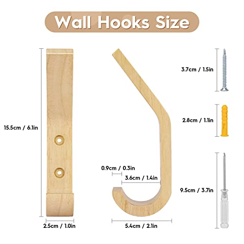 Wood Wall Hooks 4 Pack Organizer Heavy Duty Coat Hooks for Hanging Coats | Rustic Oak Wood Hooks with Double Curve Design Space-saving Decorative Wall Storage for Bathroom Key Bag Towels Easy Install
