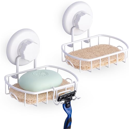 HASKO Suction Cup Soap Dish for Shower Wall, Rustproof Stainless Steel Shower Soap Holder with Hooks for Bathroom, Includes Optional No Drill Adhesive Mount and Soap Savers, 2 Pack, White