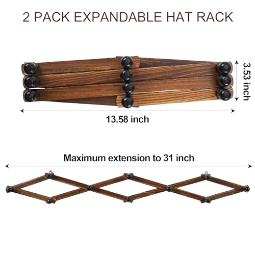 WGFKVAS 2 Pack Accordion Hat Rack for Wall | Expandable Coat Rack & Wall Mounted Hat Holder - Wooden Wall Hanger with 10 Peg Hooks for Coats, Baseball Caps, Keys & Mugs
