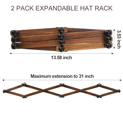 WGFKVAS 2 Pack Accordion Hat Rack for Wall | Expandable Coat Rack & Wall Mounted Hat Holder - Wooden Wall Hanger with 10 Peg Hooks for Coats, Baseball Caps, Keys & Mugs