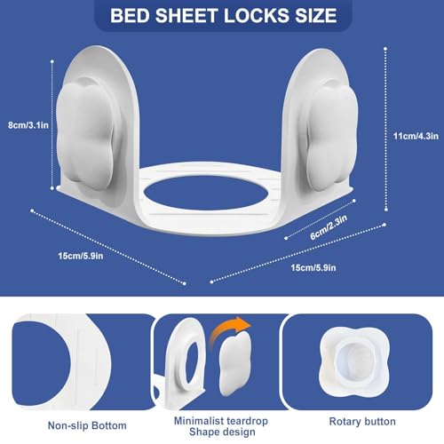 Bed Sheet Holders for Corners: Fitted Bed Sheet Grippers with Twist-Lock Clips Keep Sheets Tight Heavy-Duty Grip Quick All Mattresses Easy Installation 4 Pack White
