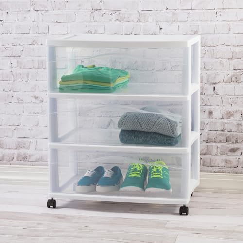 Sterilite Wide 3-Drawer Cart Storage with Wheels for Bedroom and Dresser | Organizing Plastic Drawers and Containers for Home, Office, Desk, Clothes, Dresser, Kitchen, and Pantry