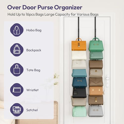 Over The Door Purse Organizer - 2 Packs Wall Mounted Purse Rack with 8 Hooks Design, Hanging Handbag Organizer Storage Holds up to 16 Bags, Bag Rack for Closet, Door (Black)