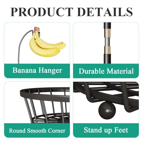 SAYZH 2-Tier Fruit Basket Bowl Stackable Vegetable Storage with Banana Tree Hanger Stand for Kitchen Countertop, Metal Wire Basket for Bread Onions Potatoes (Black)